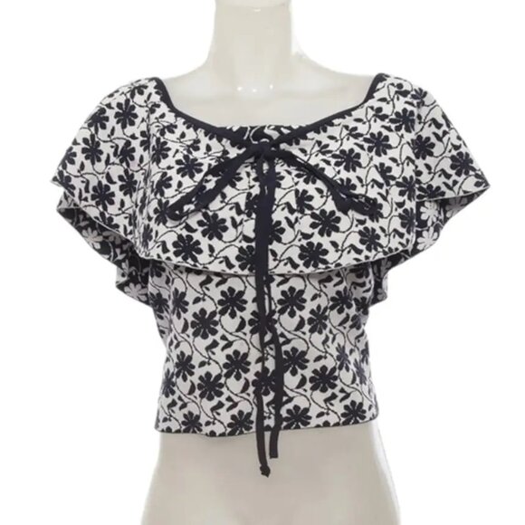 Club Monaco White & Navy Rowlen Blue Floral‎ Off Shoulder Knit Women's Top Small - Picture 14 of 14